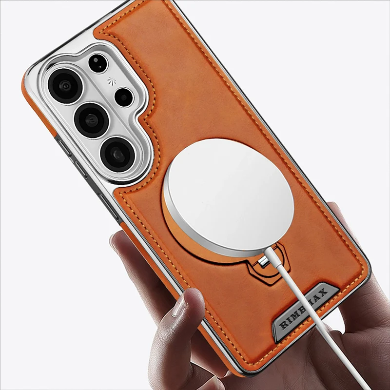 Luxury Leather Phone Case with 360° Rotating Magnetic Stand and Anti-Drop Protection