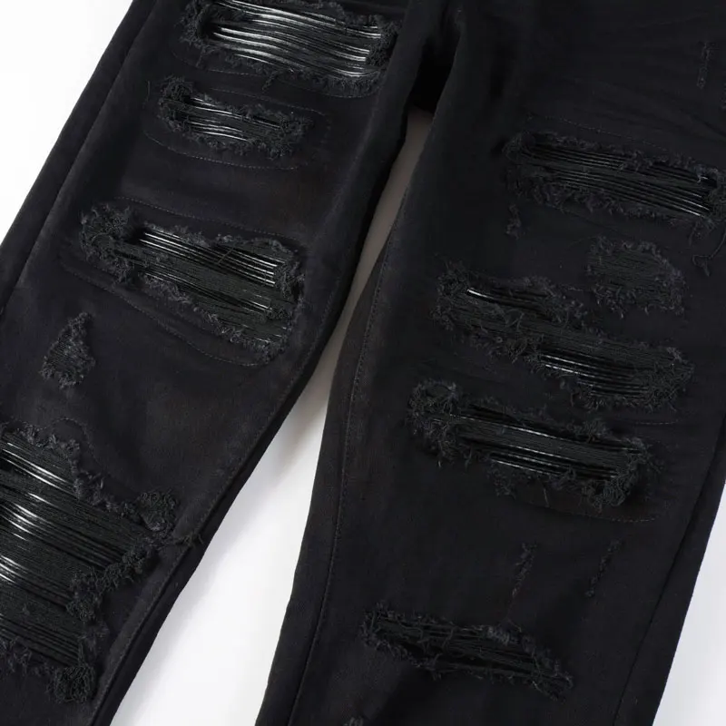 High Street Fashion Men Jeans Black Stretch Skinny Fit Buttons Fly Ripped Jeans Men Leather Patched Designer Hip Hop Brand Pants