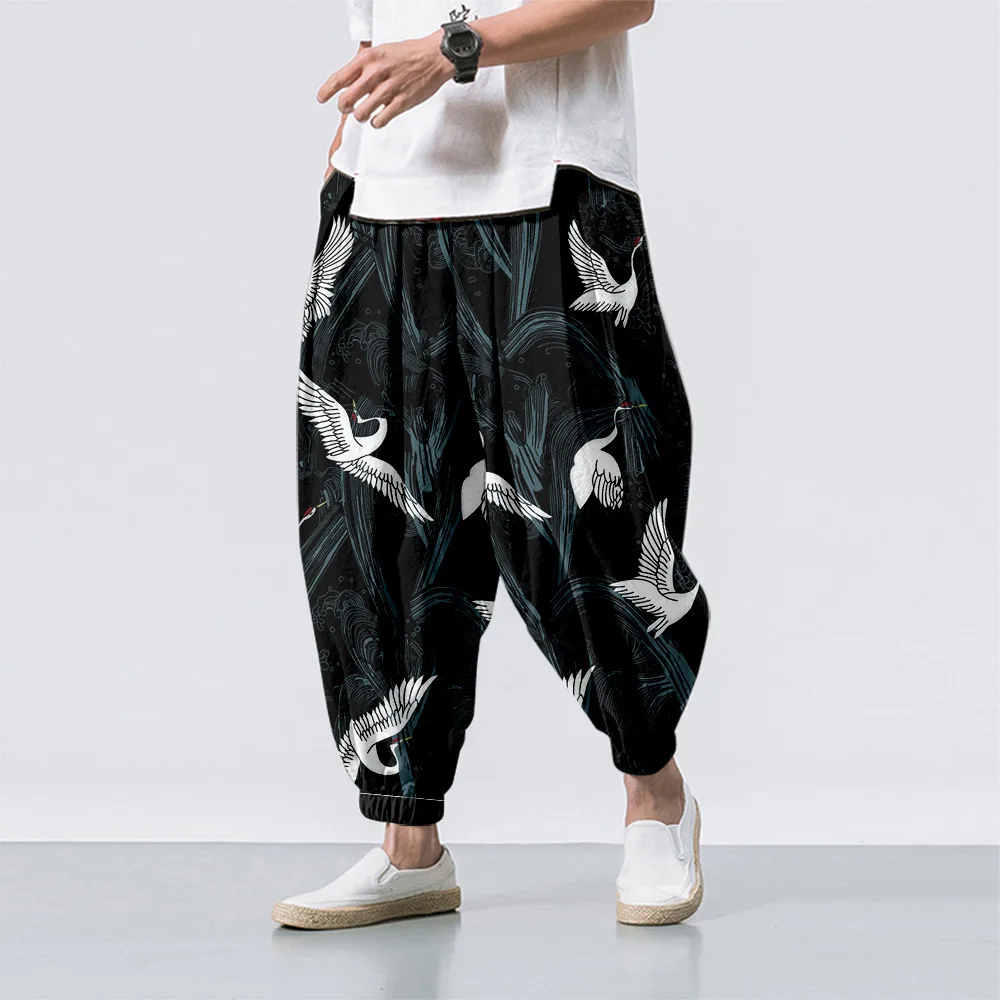 

New Spring and Summer Men's Chinese Crane Loose Chinese Style Pants Hip Hop Nine Points Trousers Baggy Jogger Sweatpants