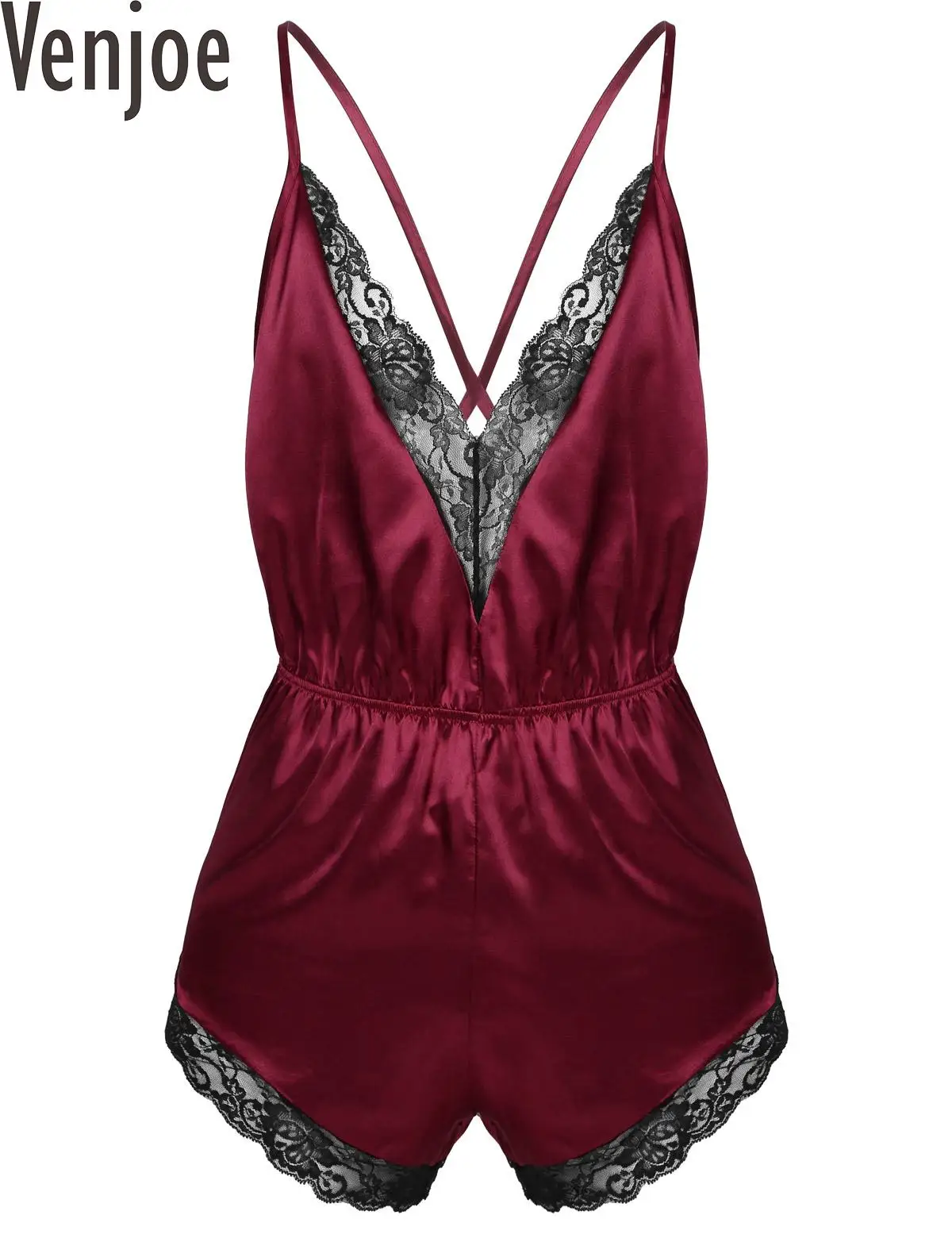 

Men One-piece Sissy Bodysuit Lingerie Adjustable Strap Lace Trim Jumpsuit Satin V-neck Loose Pajamas Sleepwear Nightwear