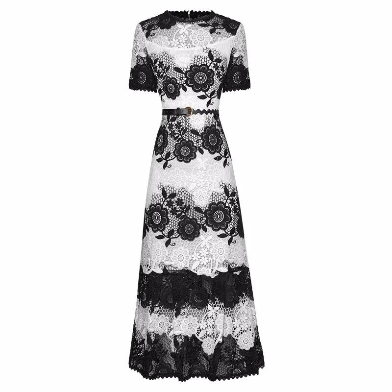 

Summer Dress O-Neck Short Sleeve Hollow Out Water Soluble Flower Belt Vintage Dresses For Women 2023 Runway Luxury Brand Elegant
