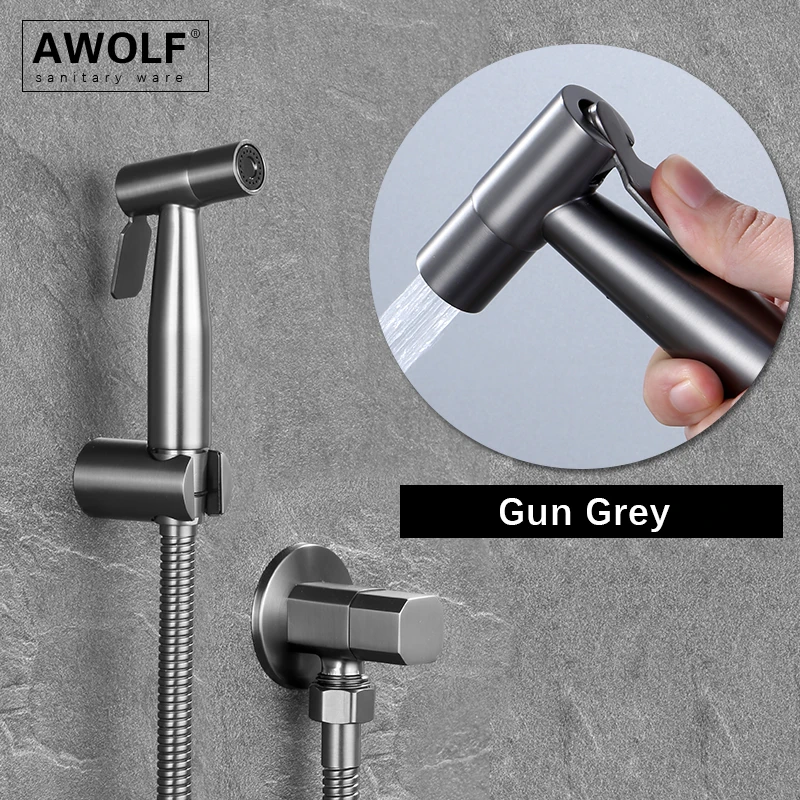 

Awolf Gun Grey Hygienic Shower Head Stainless Steel Handheld Toilet Bidet Sprayer Set Shattaf Shower Anal Shower System AP2218