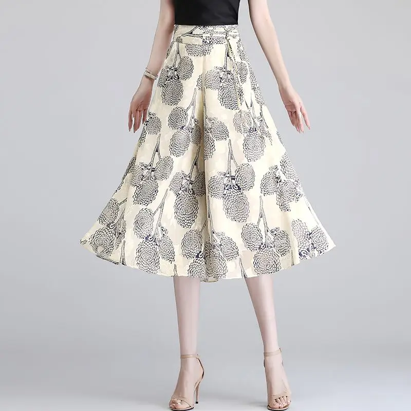 Summer Women Geometric Chiffon Wide Leg Skirt Pants Korean Fashion Capris Oversized Casual Elastic High Waist Ice Silk Trousers