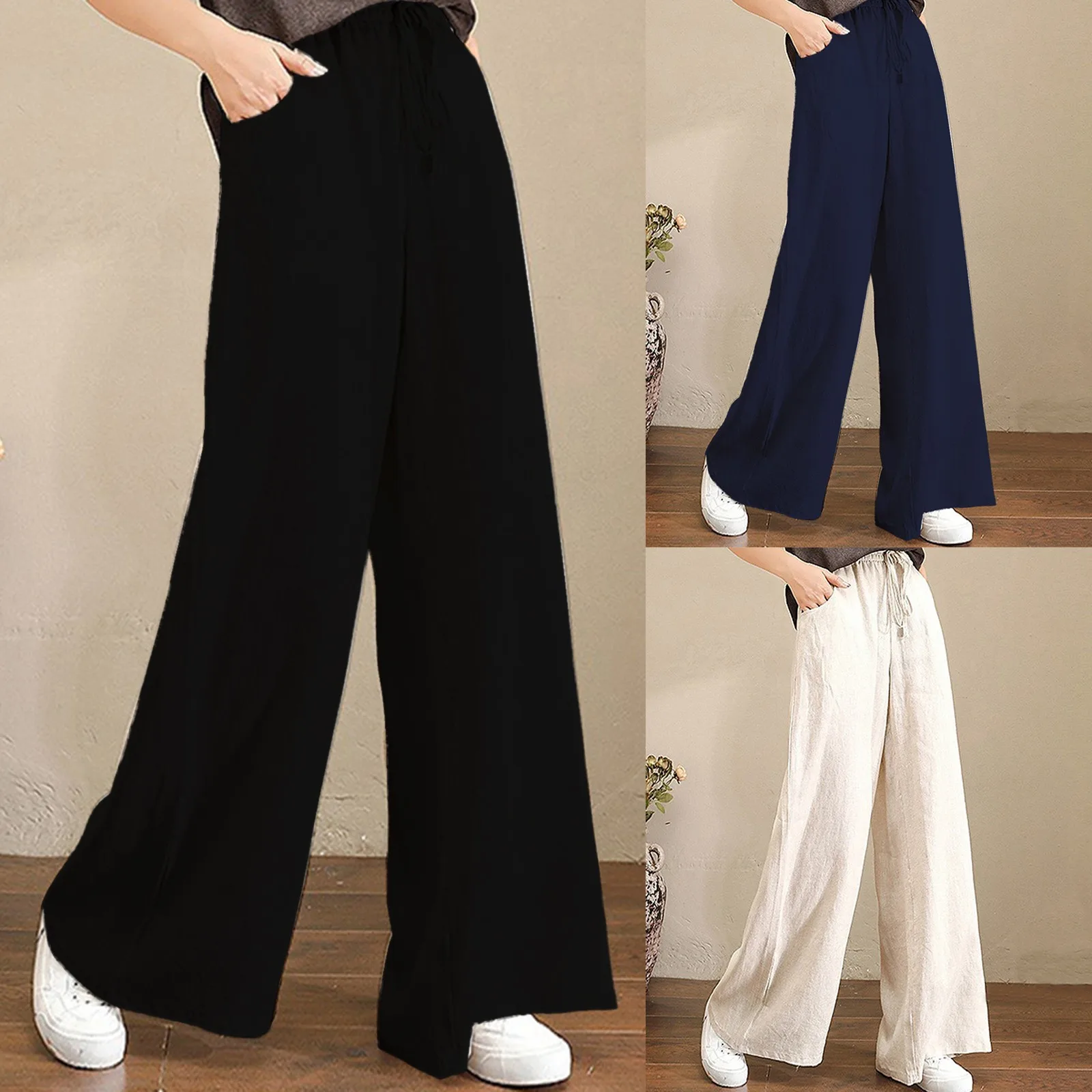 

Women Pants Summer Breathable Wide Leg Pants Casual Solid Color Drawstring Cotton Linen Loose Pants Women's Linen Casual Pants