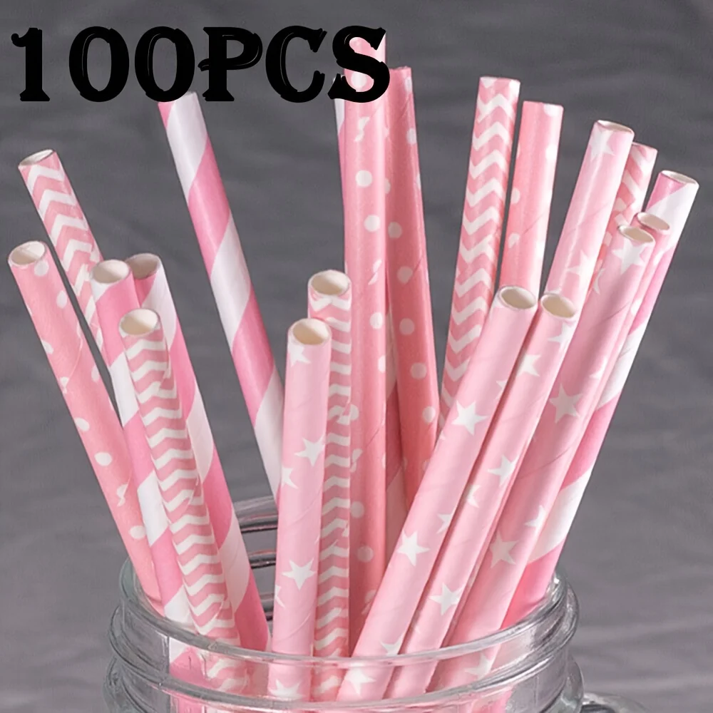 100 Pack disposable paper straws Allergy-Free, Stain & Fade Resistant, Biodegradable, Assorted Colors-White, Red, Pink