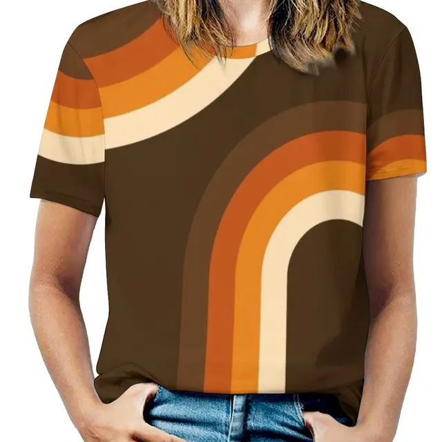 Noord stil balans 70s Pattern Orange And Brown Waves Women's T-shirt New Fashion Printed  Zipper V-neck Short Sleeve T Shirts Casual Plus Size - T-shirts - AliExpress