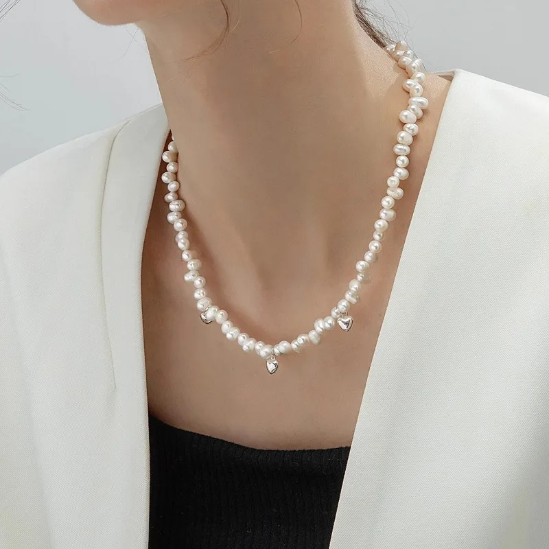 

Minar Stylish Irregular Freshwater Pearl Love Heart Pendant Necklaces for Women Wholesale Silver Plated Copper Strand Chokers