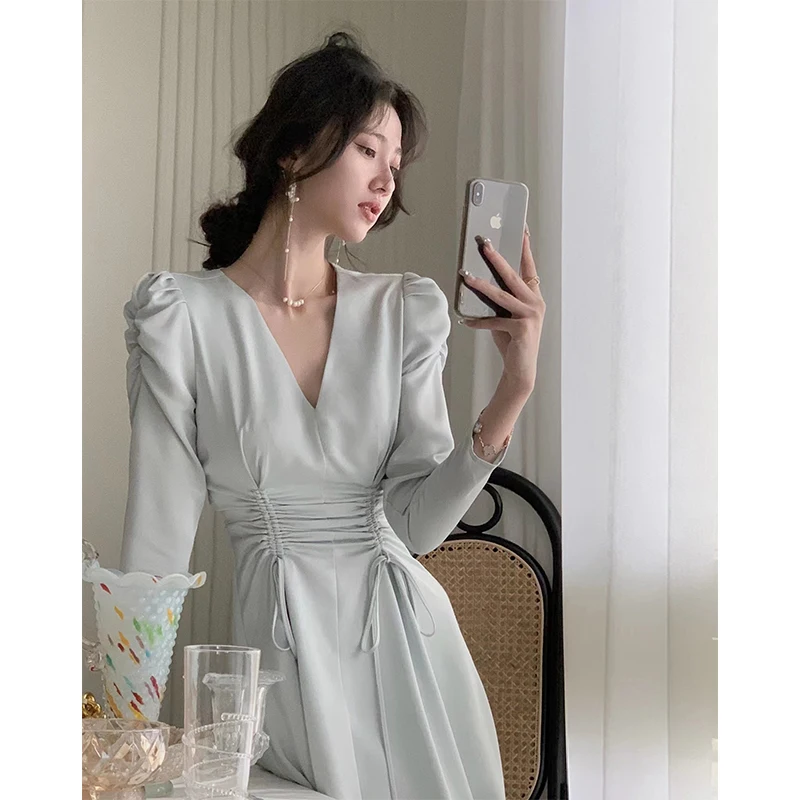 

Autumn 2023New Women Elegant Midi Satin Dress Long Sleeve Party Vestidos One Piece Drawstring Slim Spring and Summer Clothes