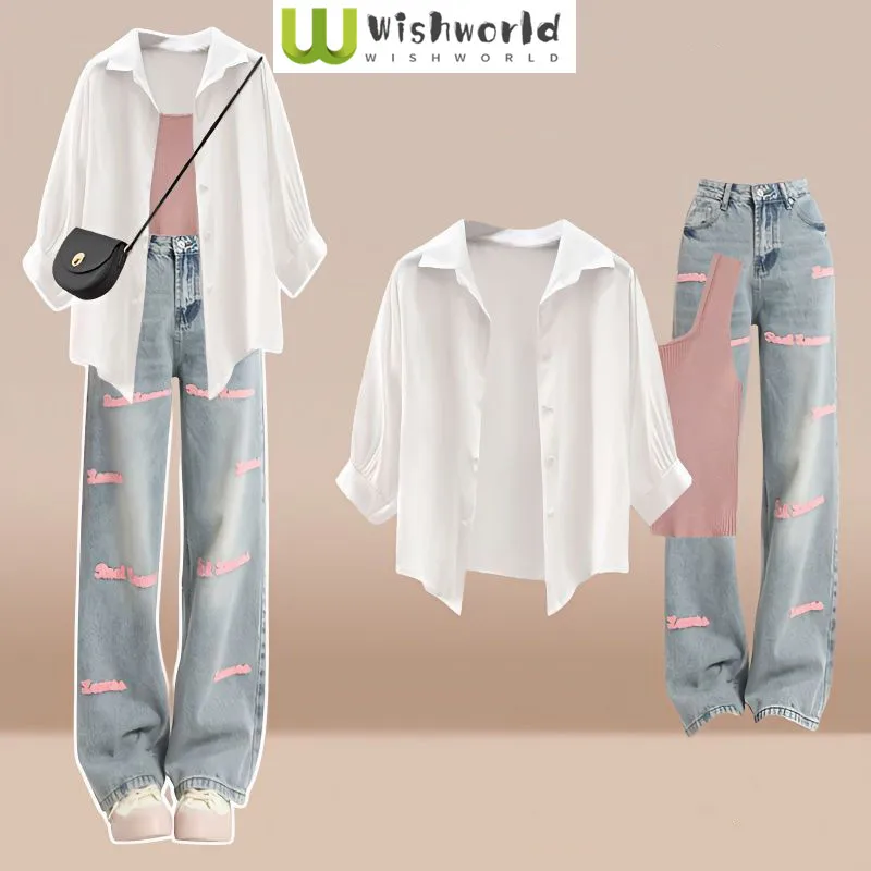 Summer Sunscreen Chiffon Shirt Blouse Strap Embroidered Jeans Three Piece Elegant Women's Pants Set Sports Outfits