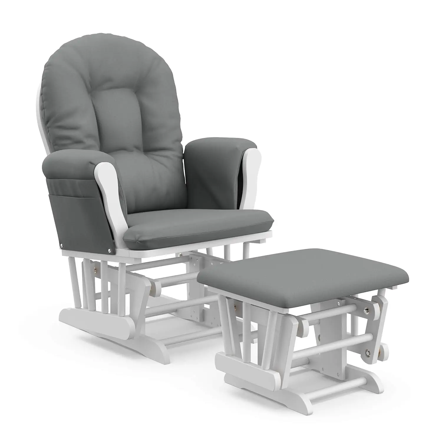Storkcraft Premium Hoop Glider and Ottoman (White Base, Gray Cushion) – Padded Cushions with Storage Pocket