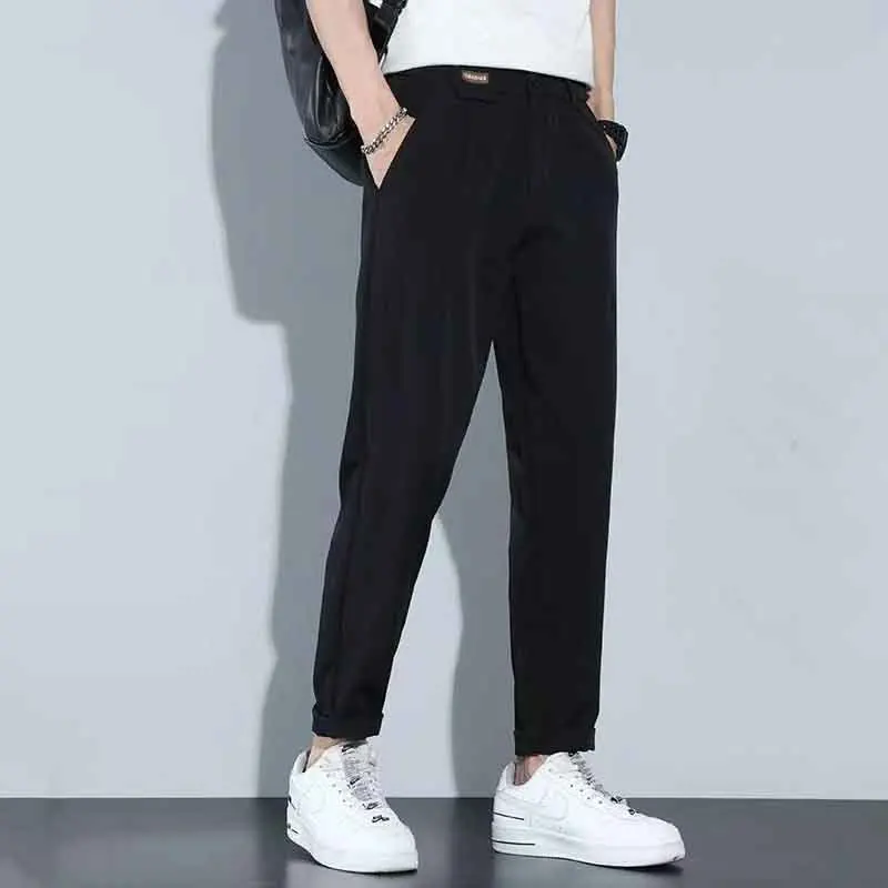Summer New Fashion Street Trend Versatile Casual Suit Pants Men's Solid Patchwork Button Zipper Pockets Slim Straight Trousers