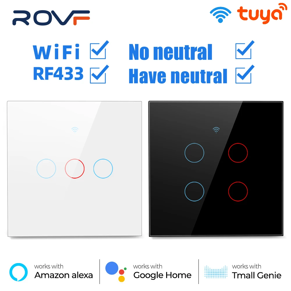 ROVFTuyaWiFiTouchSmartSwitchLightWithoutNeutralWireGlassWall