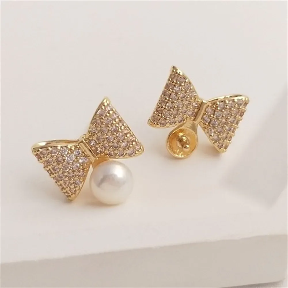 Full Zirconium Bow 14K Gold Wrapped DIY Bow Tie Pearl Earrings 925 Silver Needle Handmade Ear Jewelry Material E126 14k gold encrusted zirconium five petal flower pearl empty support ear studs 925 silver needle diy handmade flower material