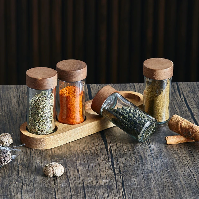 4pcs/set Glass Seasoning Storage Jars with wood base Kitchen Salt