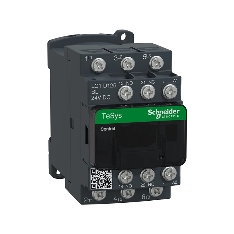 

LC1D126BL IEC contactor, TeSys Deca, nonreversing, 12A, 7.5HP at 480VAC, 3 phase, 3 pole, 3 NO, low consumptoion 24VDC coil, ope