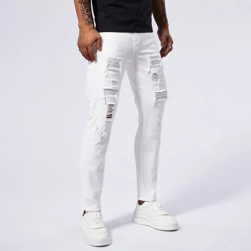 Rhinestone White Jeans with Men's Broken Hole Patch Design for Street Fashion High end Slim Fit Small Foot Elastic Tight Pants