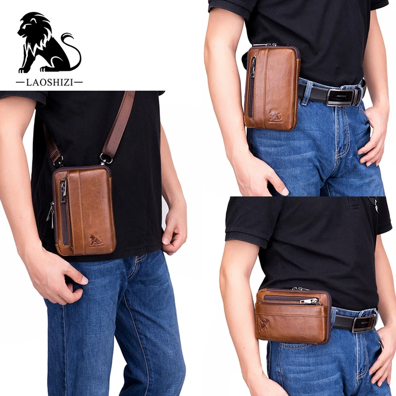 Laoshi tas selempang bahu pria kulit asli, tas tangan kecil untuk