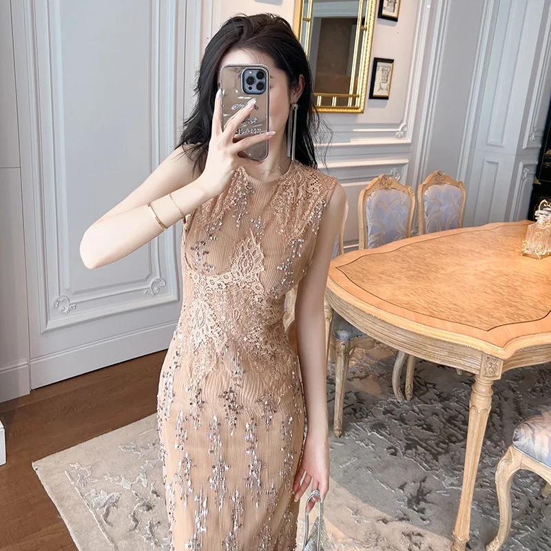 

Luxury Evening Dress 2024 Summer New French Design Shining Mesh Slim Fit Dress 10445