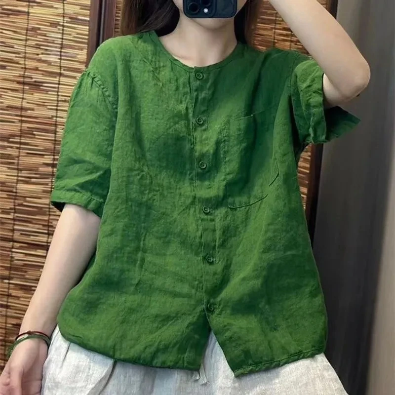 Chiffon Cotton Linen round Neck T-shirt Women Summer New Vintage Art Loose Shirt Open Cardigan Top 2025 Short Shirt For Women 3