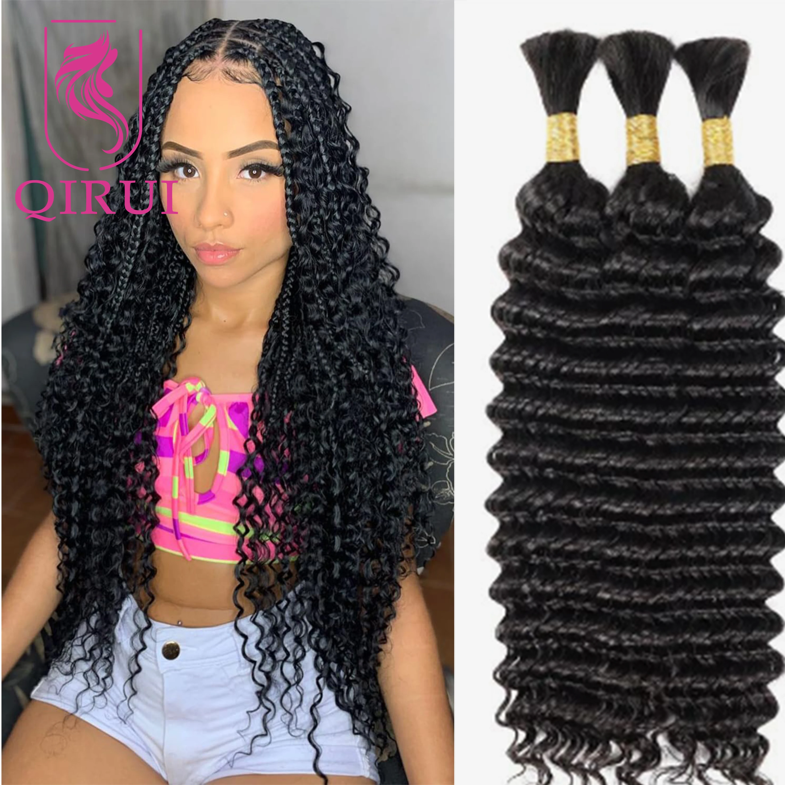 

Bulk Human Hair For Braiding Deep Wave Burmese Remy Double Drawn Knotless Hair Extensions Crochet Boho Box Braids Hair No Weft