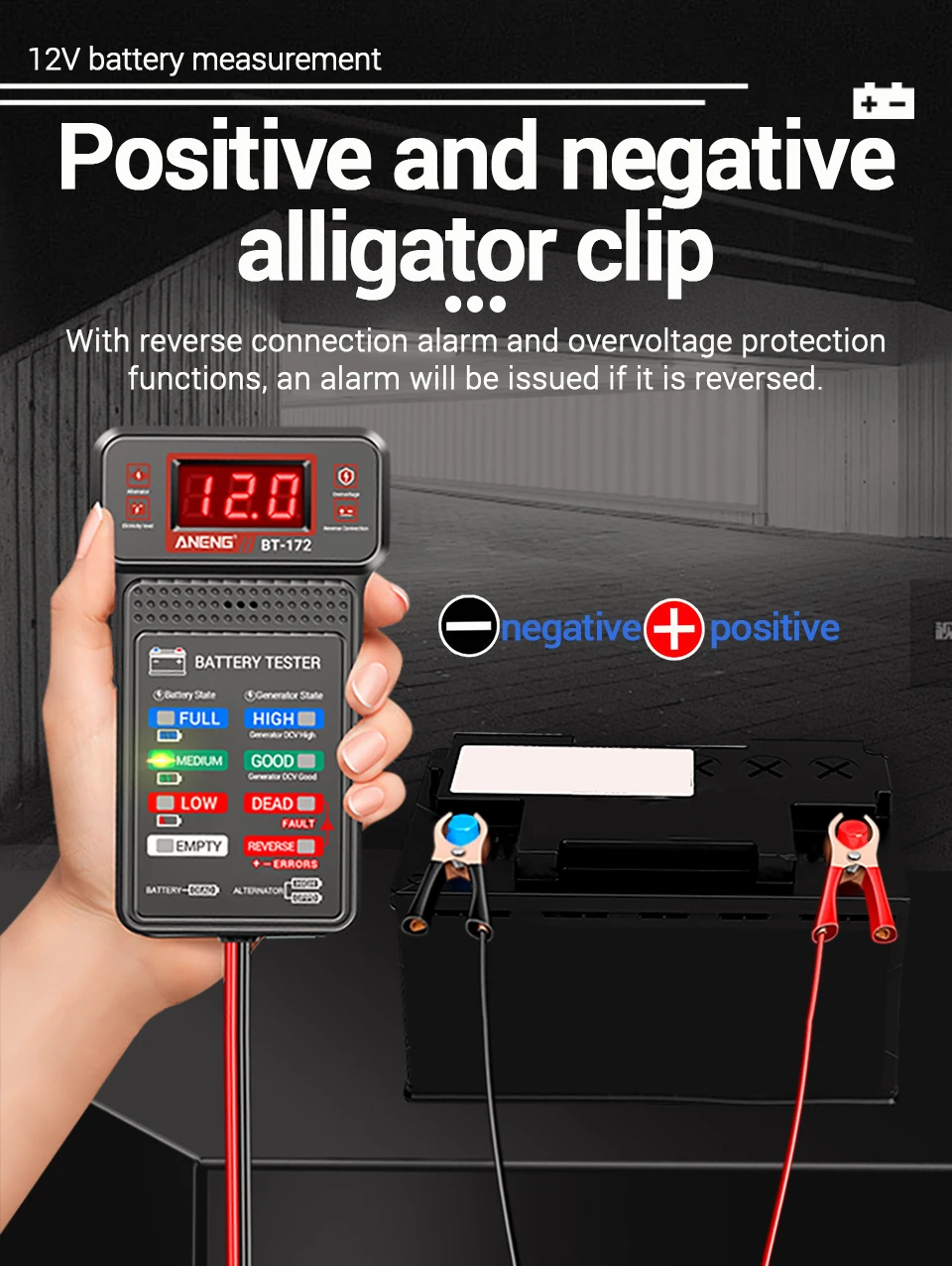 Description Picture 6 of itemANENG BT-172 12V Multifunctional Battery Testers LED Reverse Display Screen Auto Repair Industry Electrician Tester Tools