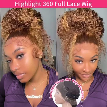 Highlight 360 Full Lace Wig Human Hair Pre Plucked Hd Deep Wave Frontal Wig Invisible Drawstring Curly Human Hair Wigs 3032 Inch 1