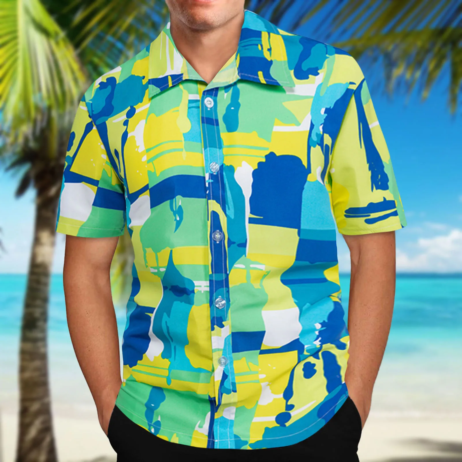 Mens Beach Shirts Camisa Social Masculina Fashion Color Block Floral Shirt Men Slim Fit Short