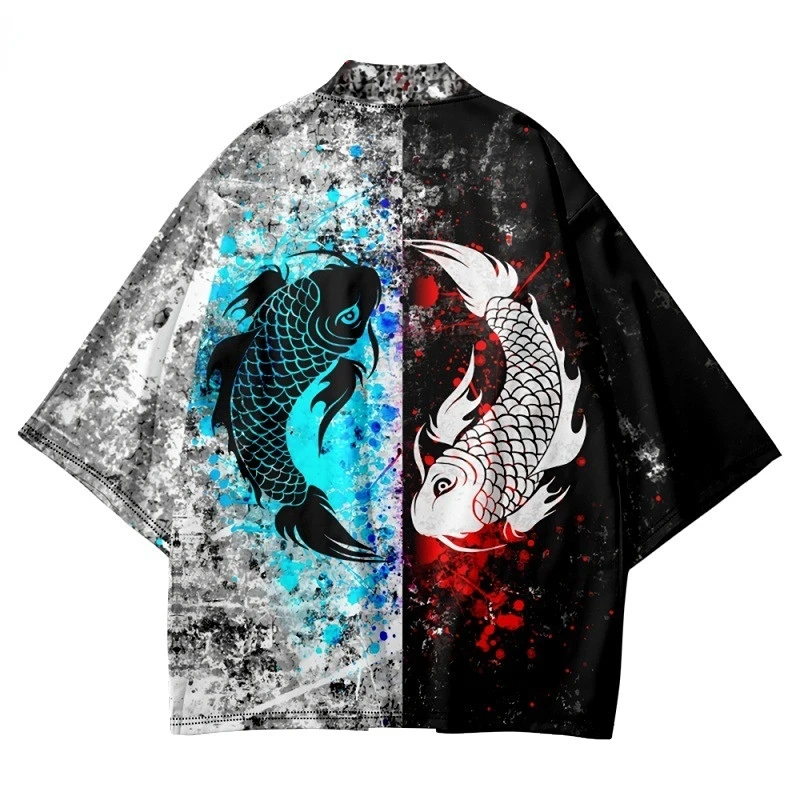 Japanese Samurai Cardigan Shirts Fashion Kimono Asian Traditional Streetwear Carp Print Haori Men Women Beach Yukata