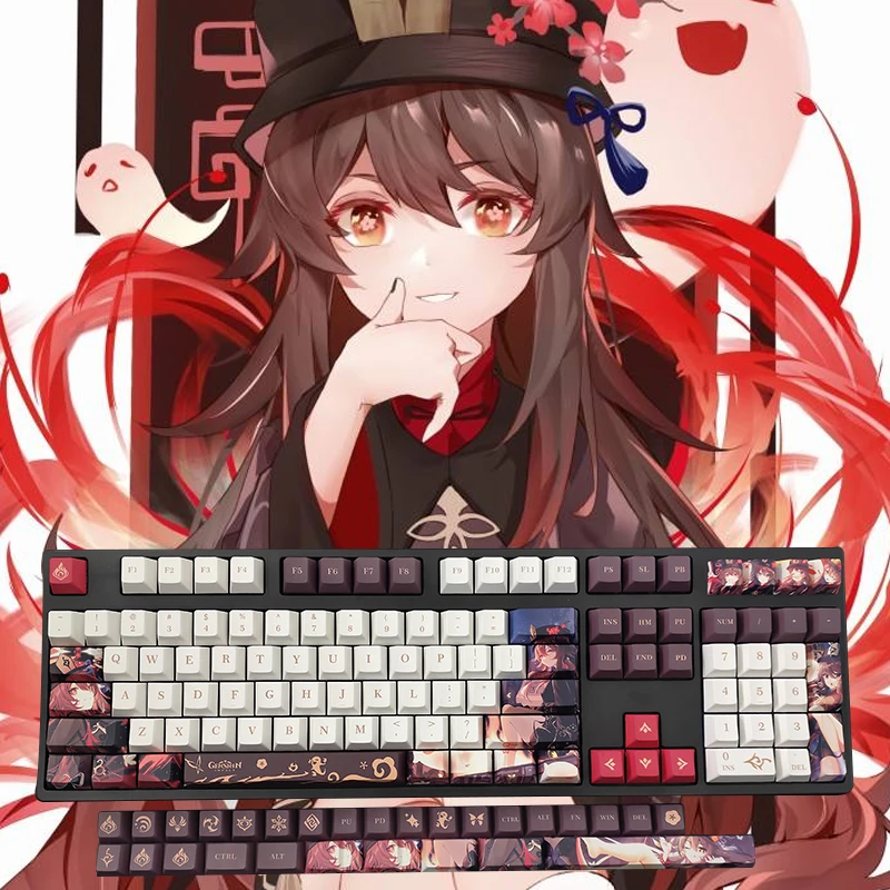 Genshin Impact Anime Keycaps Hutao Character Decoração Teclado Mecânico Cool Man Otaku Beleza Novo 136 Pcs