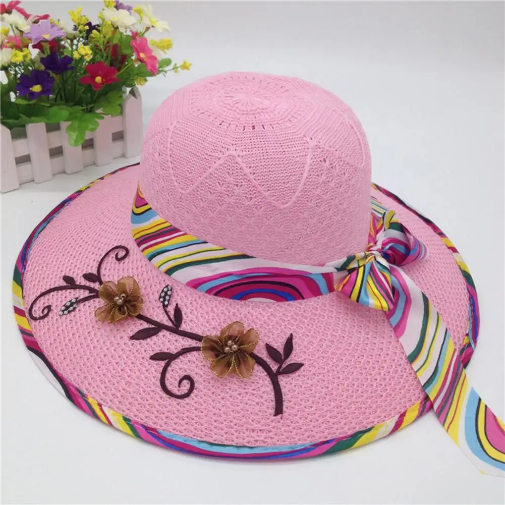 

Ribbon Bowknot Decor Flower Stitching Sun Hat Foldable Wide Brim Floppy Straw Hat Costume Accessories UV Protect Travel Cap