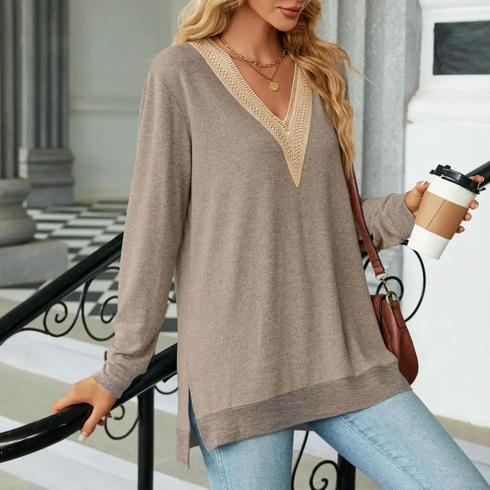 

Women Long Sleeve T-shirt Chic Women's V Neck Patchwork Pullover Stylish Color Matching Breathable Soft Spring/fall Top for Lady