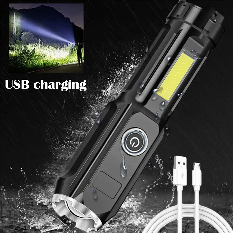 

Portable COB Flashlight USB Rechargeable 4 Adjustable Modes Torch LED Emergency Light Outdoor Waterproof Travel Camping Lighting