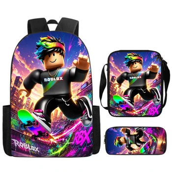 Roblox Cartoon 3-Piece Set - Backpack Sling Bag & Pencil Case, Cute Gaming School Bag Gift for Kids Unisex Ages 5-8 1