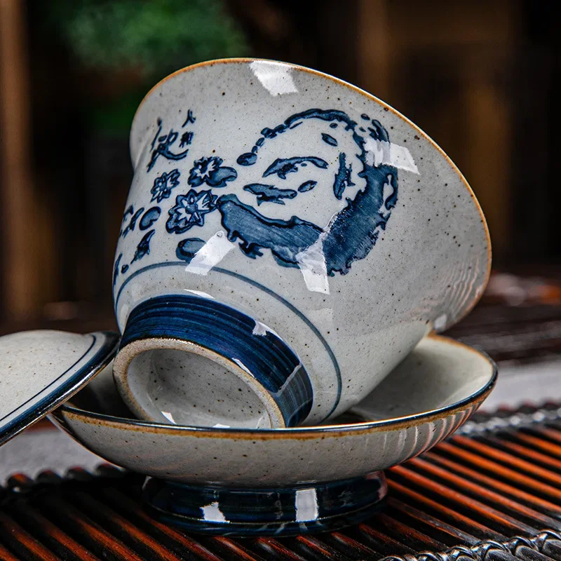 Vintage Firewood Hand Painted Gaiwan Ceramic Blue and White Ceremony Bowl Kung Fu Tea Set Stoneware Brewing Cover Tureen Tea Set