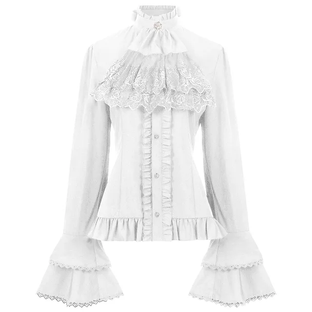 Elegant French Style Solid Shirt for Women Stand Flare Long Sleeve Lace Embroidery Ruffles Bandage Top Gothic Vintage Blouse 2