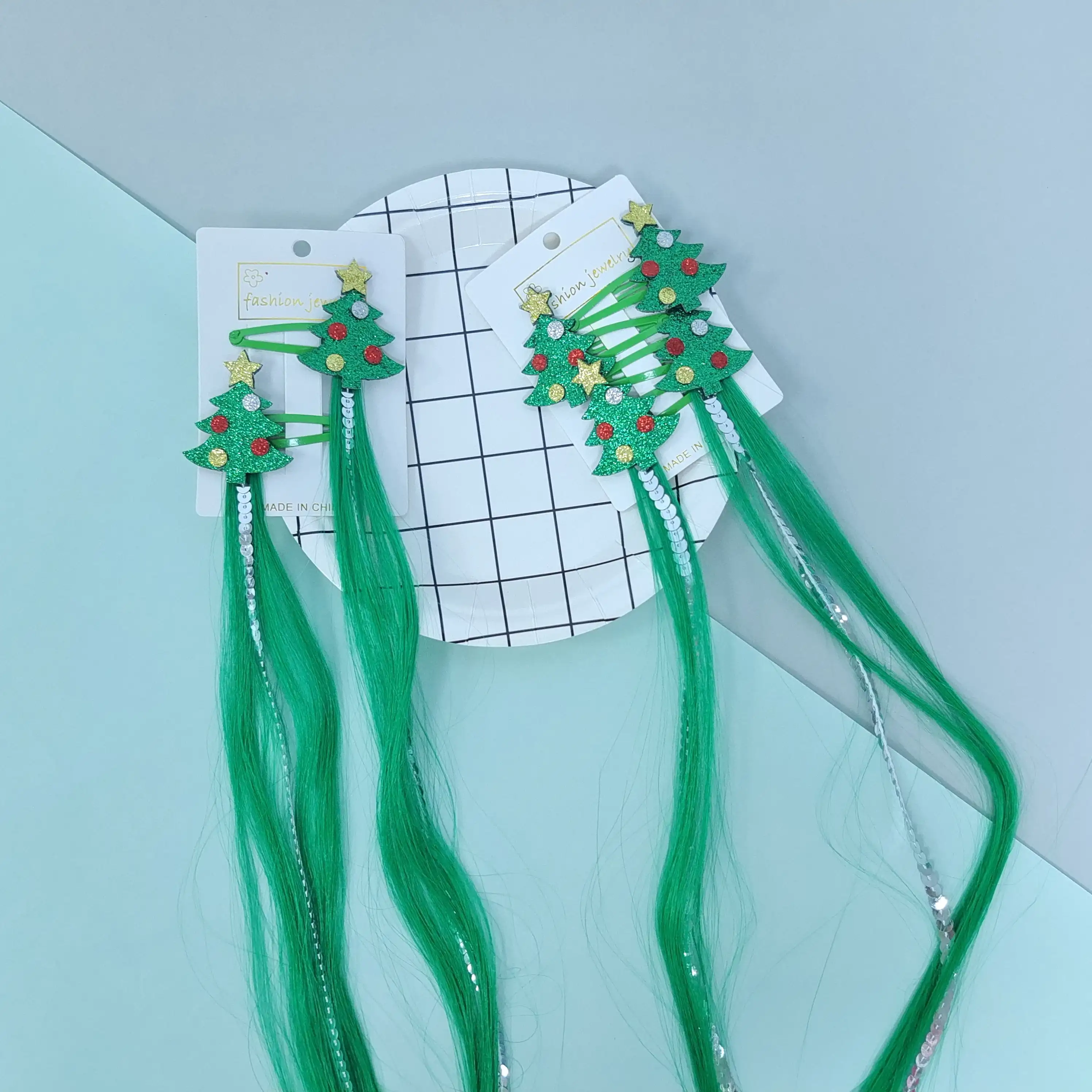 Kids Festival Christmas Hair Accessories For Girls Green Leaves And Red Plush Balls Elastic Hair Clips Trendy Curly Wig Hair Pin