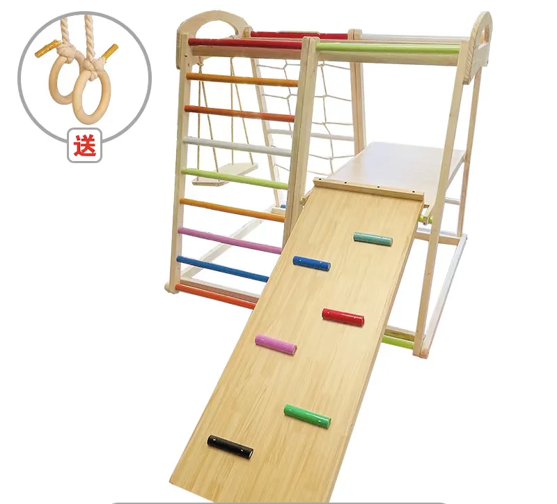 Wooden Rainbow Climbing Frame Indoor Playground Indoors for Kids Activity Climber Ladder Swing Slide Play Structure Set