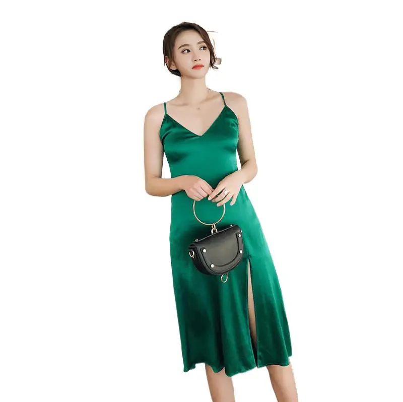 

New Summer Women Solid spaghetti strap Acetate satin Dress Side Slit Bodycon Sexy Club Party dress Elegant artificial silk dress