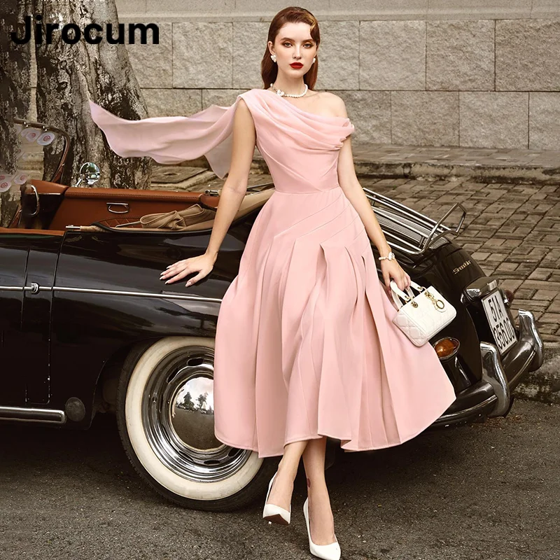 

Jirocum Simple One Shoulder A Line Prom Gowns Women's Pleated Pink Party Evening Gown Zipper Satin Elegant Formal Occasion Dress