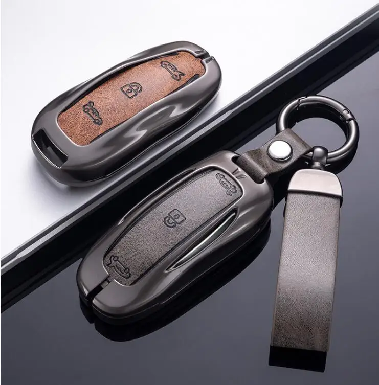 Zinc Alloy Leather Key Case Cover Holder with Protector Keychain