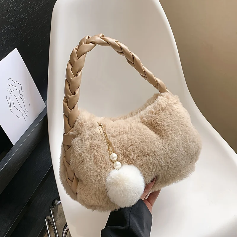Fashion Fluffy Shoulder Bag Trendy Plush Underarm Bag Women's Casual Handbag & Hobo Purse for Winter Gift for Lover