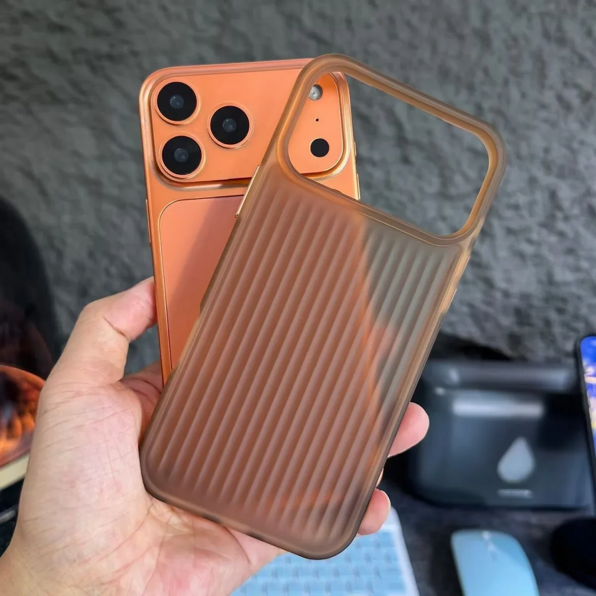 Translucent Frosted Shockproof Armor Phone Case with Stripe Corrugated Design