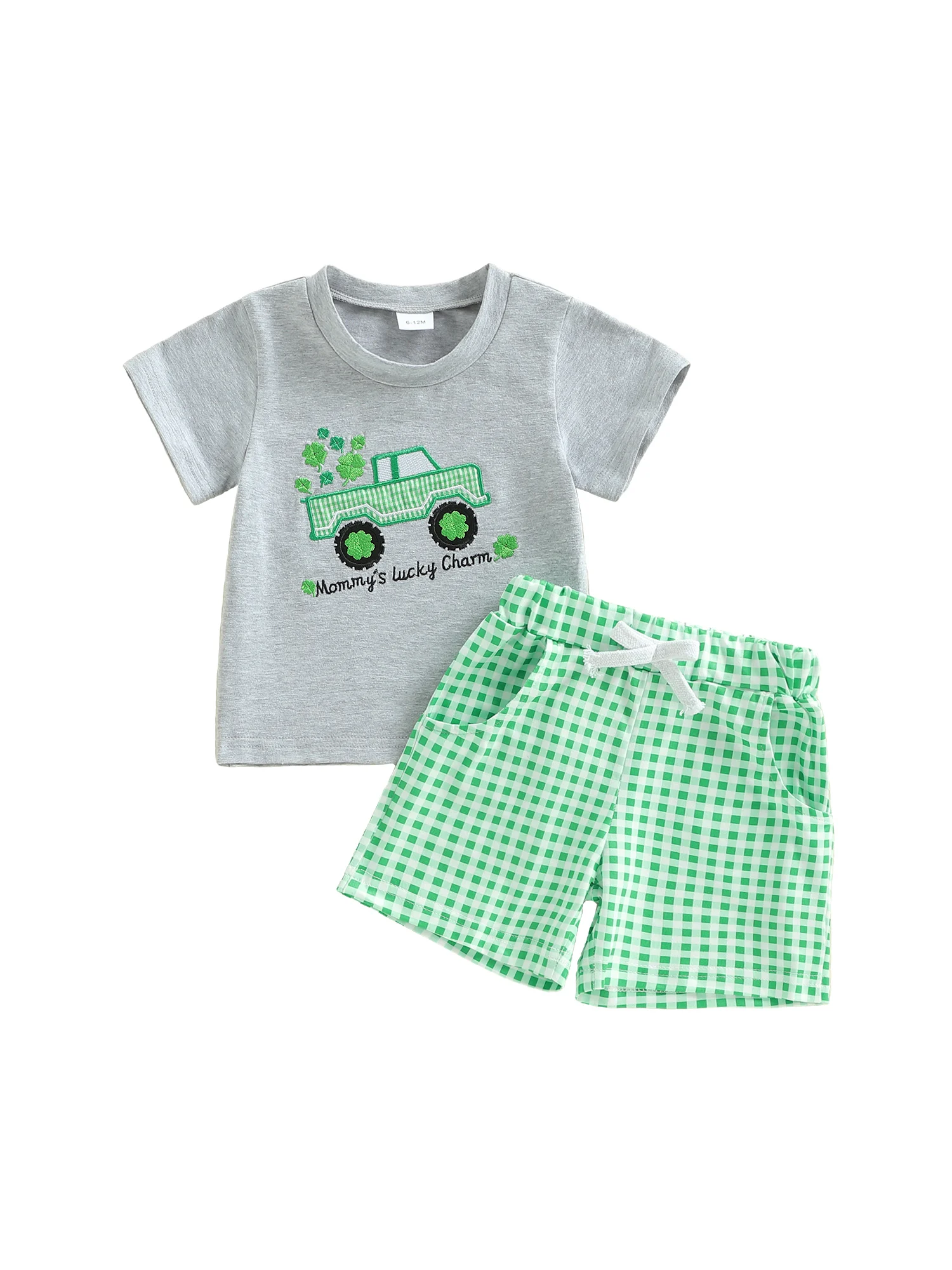 Boys St Patrick s Day Outfit Set with Short Sleeve Truck Embroidery Top and Plaid Shorts for Irish Celebration