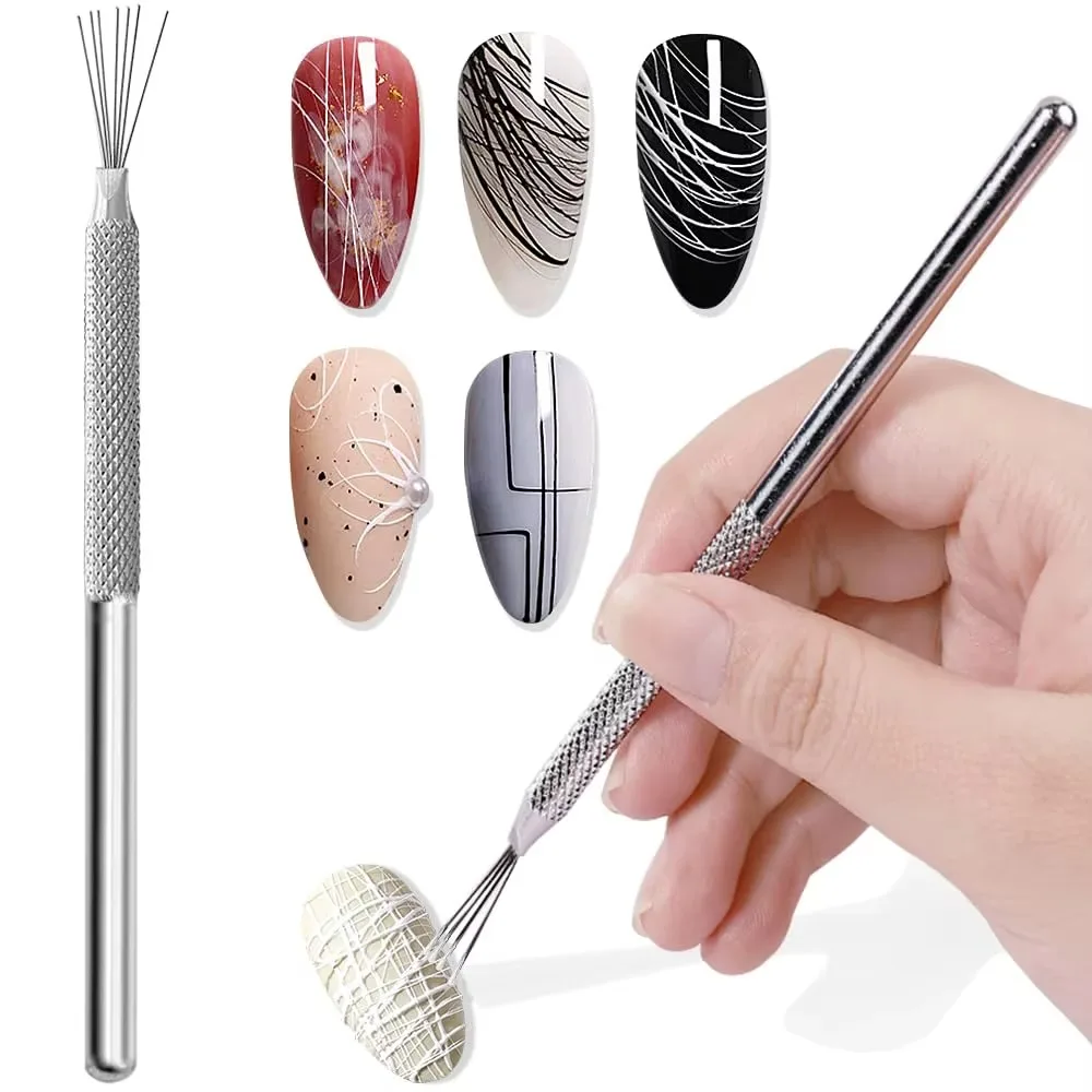 Stainless Steel 7-pin Nail Liner Nail Art Tools Stripe Lines Bendable Pins Nail Art Pens Gel Painting Ultra-thin Line Nail Brush