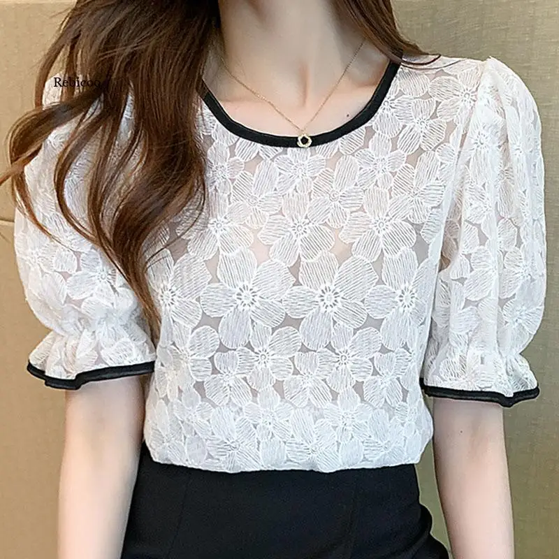 

Lace Top Women&#39s Summer Short Sleeve 2022 New Korean Sweet Mesh Shirts and Blouses Pullover Hollow Out White