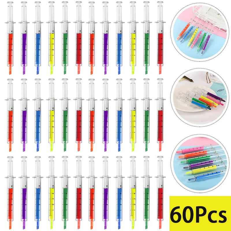 

60Pcs Syringe Highlighter Fluorescent Pens Highlighter Pen Ballpoint Pen