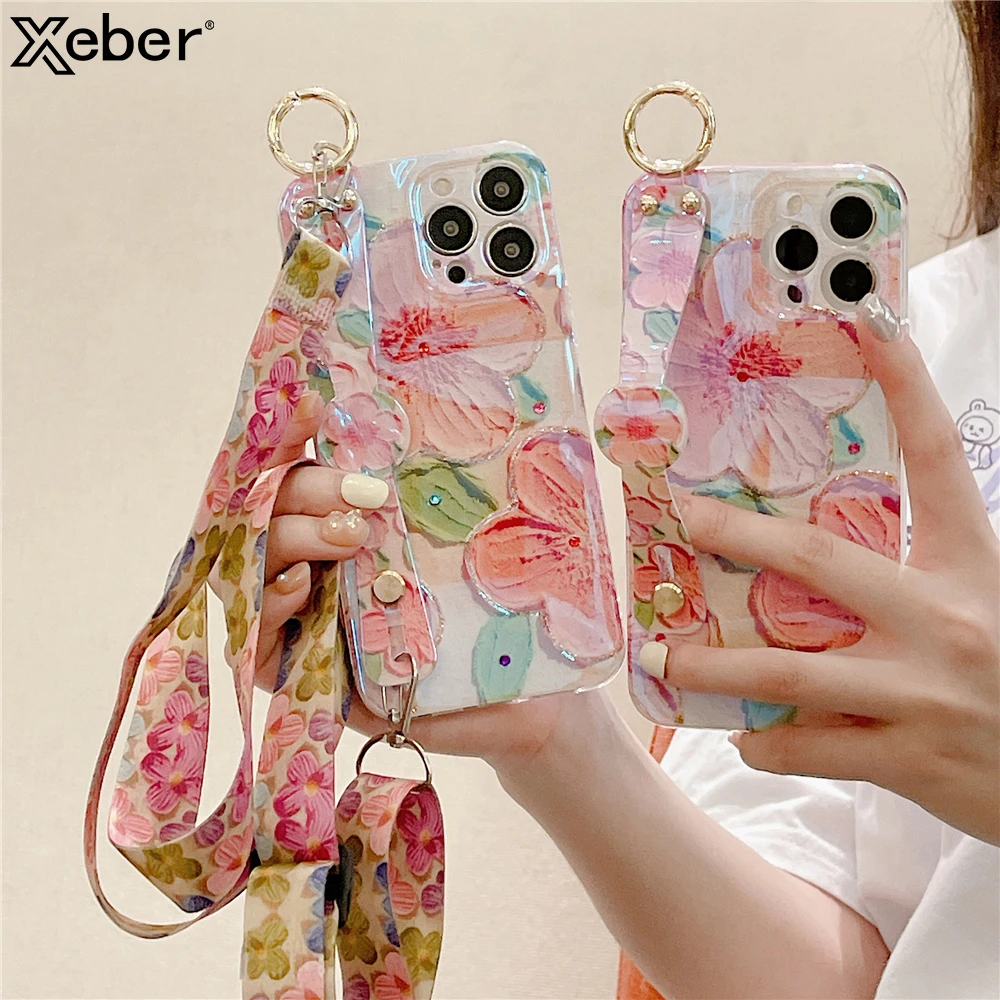 Elegant Floral Diamond Soft Cover with Crossbody Lanyard and Wrist Strap