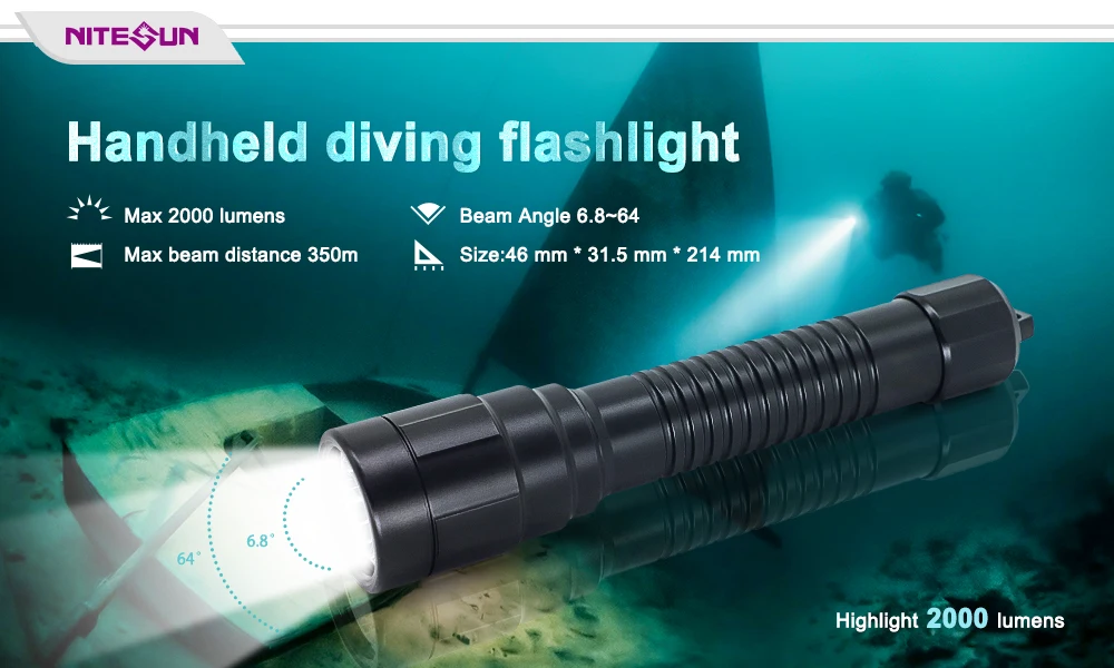 NITESUN ND26 Diving Flashlight 6500K 1500 Lumen Beam Distance 350m Rotation Switch Dive Torch Hunting Search Rescue Light