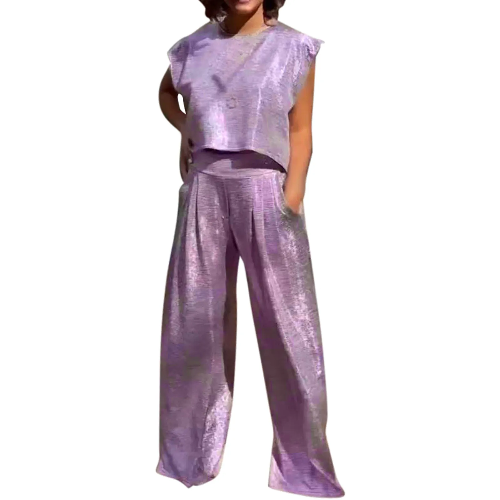 Description Picture 4 of itemWomen 2 Piece Set Outfit Women'S Casual Glossy Vest And Wide Leg Pants Two Piece Set Round Neck Sleeveless Crop Top 트레이닝복 세트