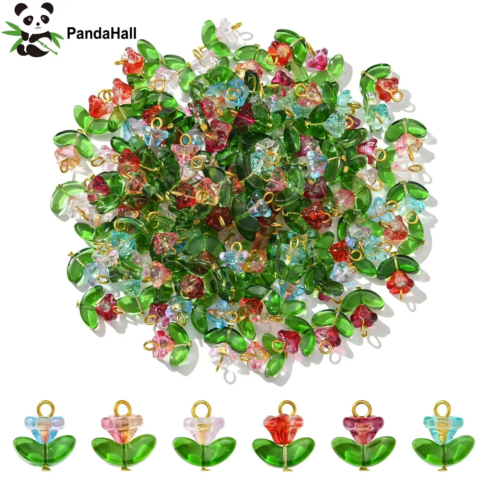 Panda hall 120pcs 6 Farben Glas blume Charms Kristall Blumen mit grünen Blatt Charms Frühlings pflanze Anhänger für die Schmuck herstellung